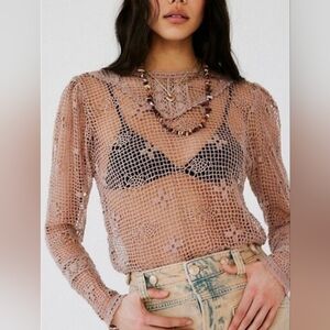 Free People Only The Best Crochet Lace Bodysuit Boho Long Sleeve Open Knit Sz L